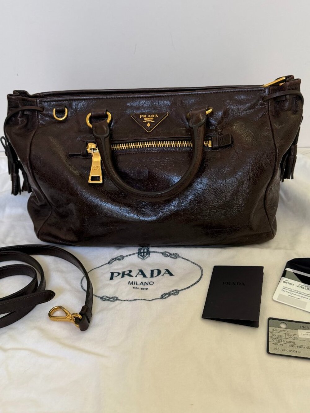 Prada Vitello Shine Satchel Dark Brown (Moro) Leather with Fringe Tassels